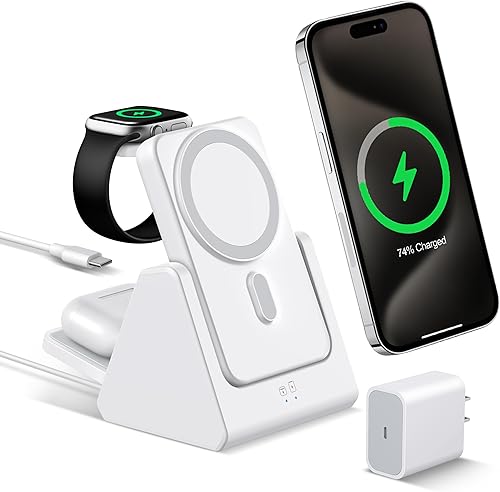 Miniatura 9 de Estación de Carga Inalámbrica 3 en 1: Cargador de Banco de Energía Portátil de 10000mAh Compatible para Teléfono Serie Air/17/16/15/14/13/12 y Reloj