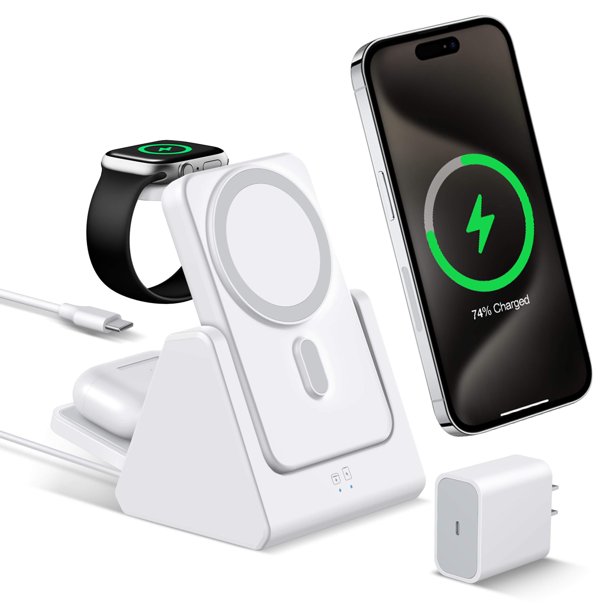 Smtcsl Stazione di ricarica wireless 3 in 1: caricabatterie portatile da 5000 mAh, compatibile con iPhone serie 16/15/14/13/12 e Apple Watch, supporto di ricarica magnetico staccabile bianco
