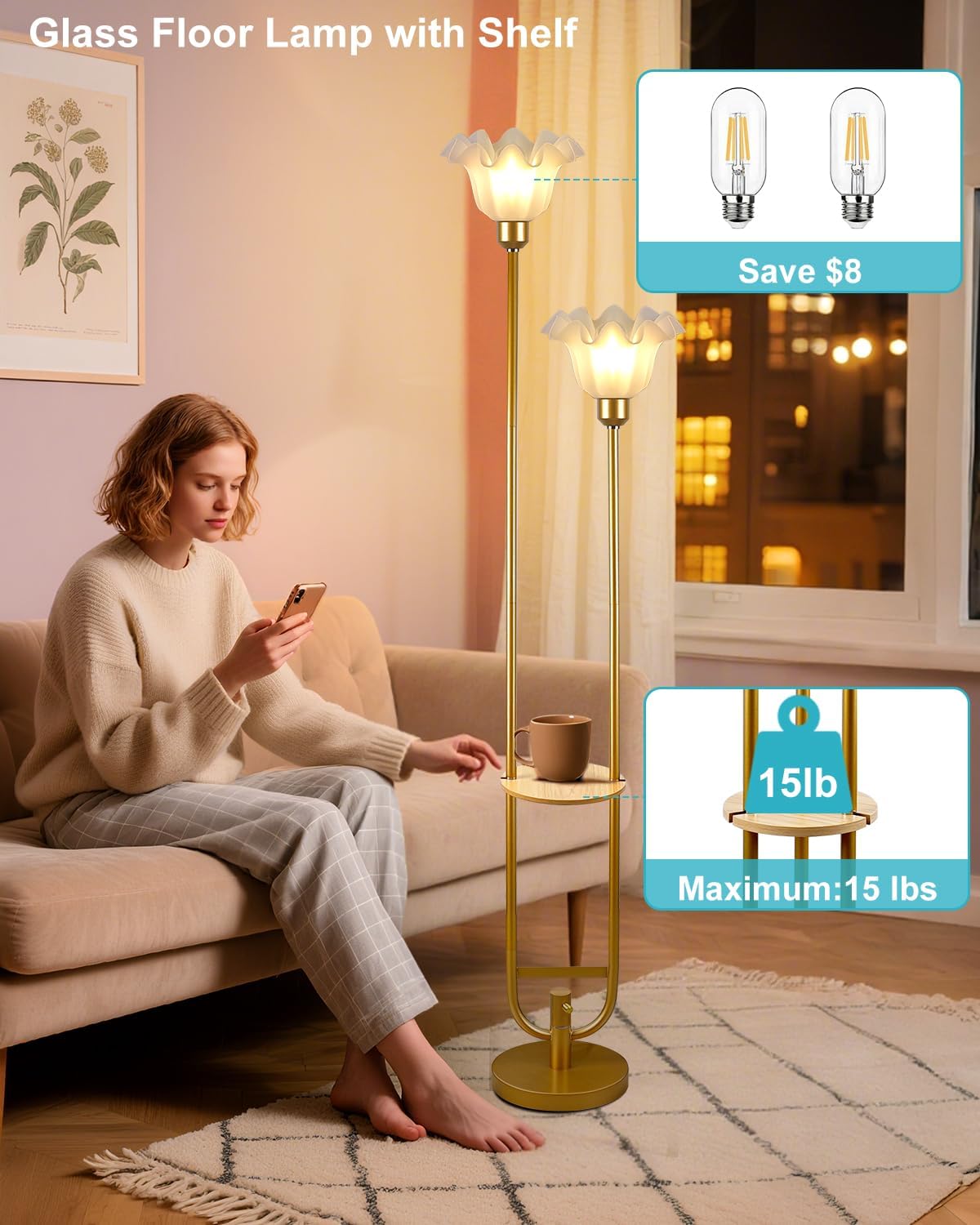 Dimmable Flower Floor Lamps with Table, 2-Lights Dimmable Floral Floor Lamp, 3000K Warmwhite Candle Holder Style Modern Floor Lamp, Rustic Gold Standing Lamp for Living Room Bedroom