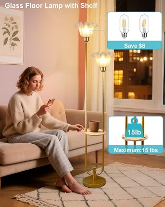 Lightdot Dimmable Flower Floor Lamp for Living Room Modern Mid Century Floor Lamp with Table Gold Tall Standing Lamp with 5Lbs Heavy Base for Bedroom/Sofa Beside/Corner Decor(Bulb Included)