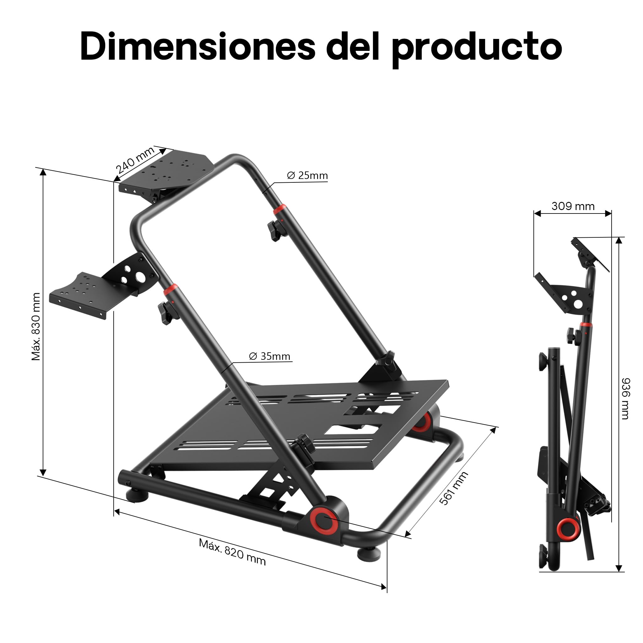 WilTec Soporte de volante para simulación de carreras 68 x 82 x 83 cm negro plegable, ajustable, soporta hasta 20 kg, para volante y pedales - experiencia de simulación gaming realista