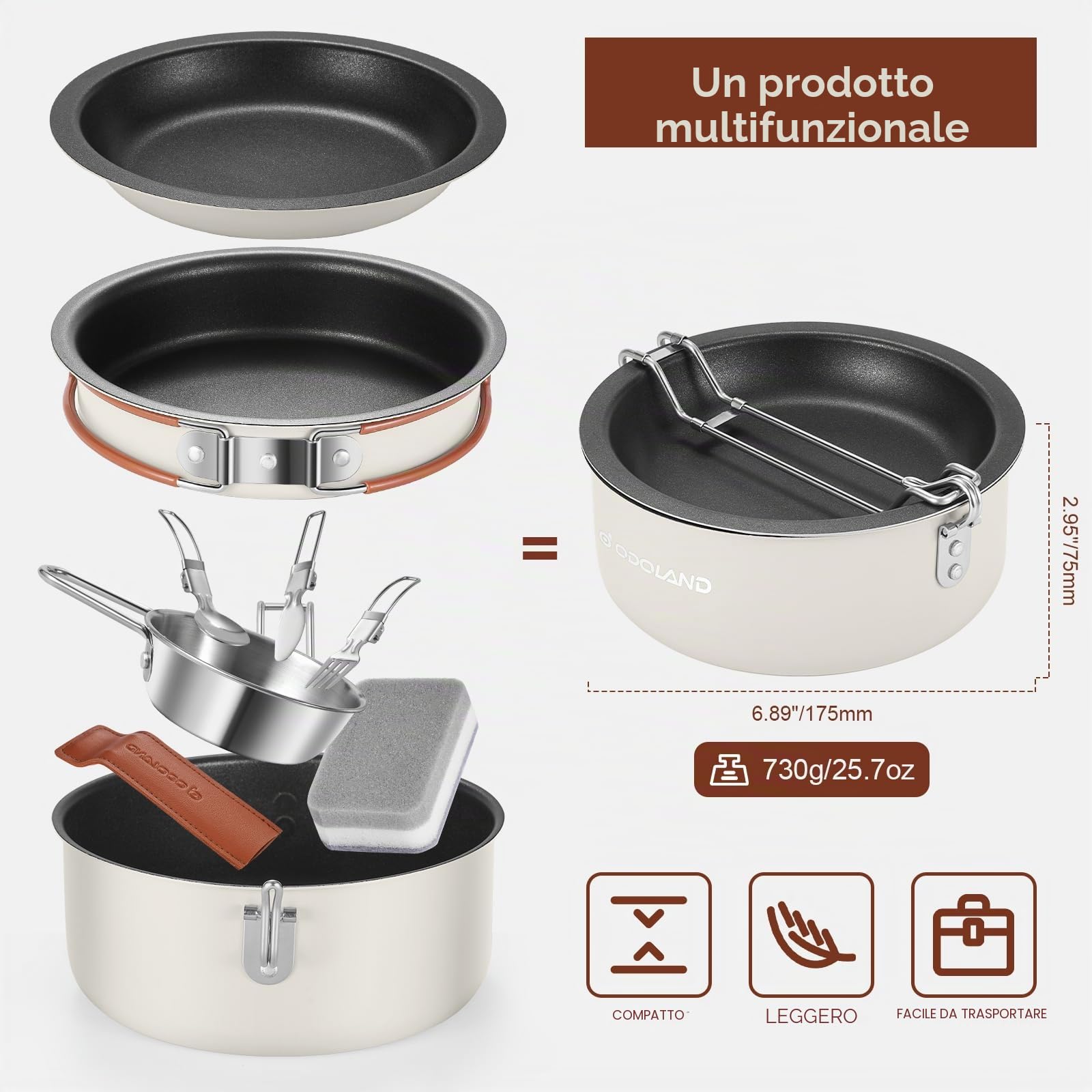 Odoland Set da 10 pentole da campeggio, leggero, con piatto, ciotola, forchette, coltelli, cucchiai, perfetto per escursioni, campeggio, escursioni e picnic