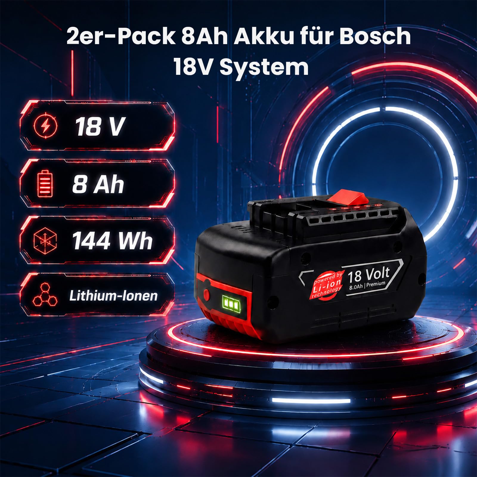 2 Stück 8Ah Lithium-Ionen Ersatzakku Kompatibel mit Bosch Akku 18V | Akku mit LED-Anzeige, für BAT618, BAT609, BAT619, BAT612, BAT622, BAT610, BAT609G, BAT619G, BAT618G und BAT610G