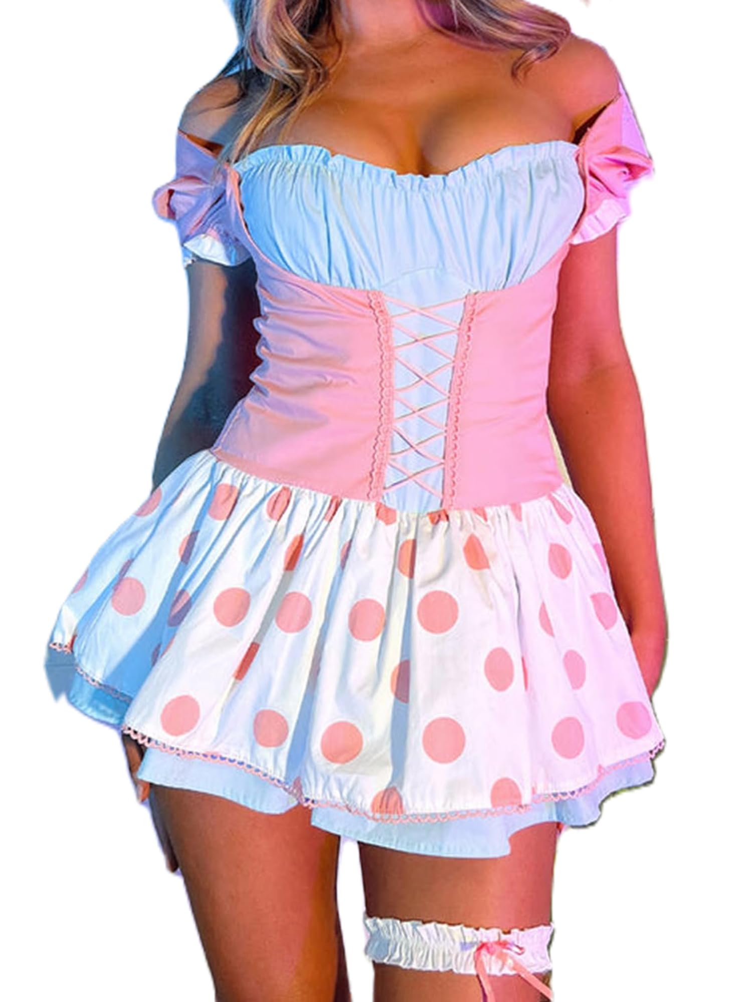 Springcmy Women Little Bo Peep Costume Halloween Cosplay Outfits Sweet Ruffle Short Sleeve Polka Dot Reloplay Mini Dress (A Pink, XL)