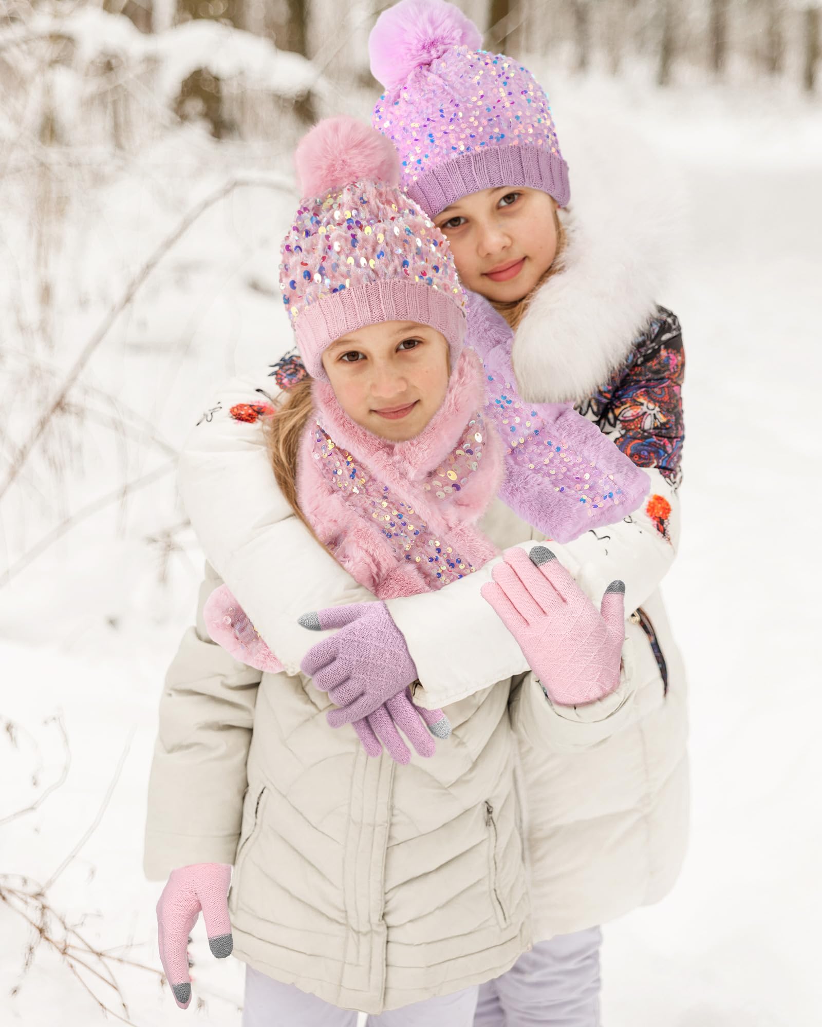 Liitrsh 2 Sets/6 Stück Mädchen Winter Strickmütze Schal Handschuhe Set Warm Fleece gefüttert Pom Pom Hut Schal Handschuhe für Teenager