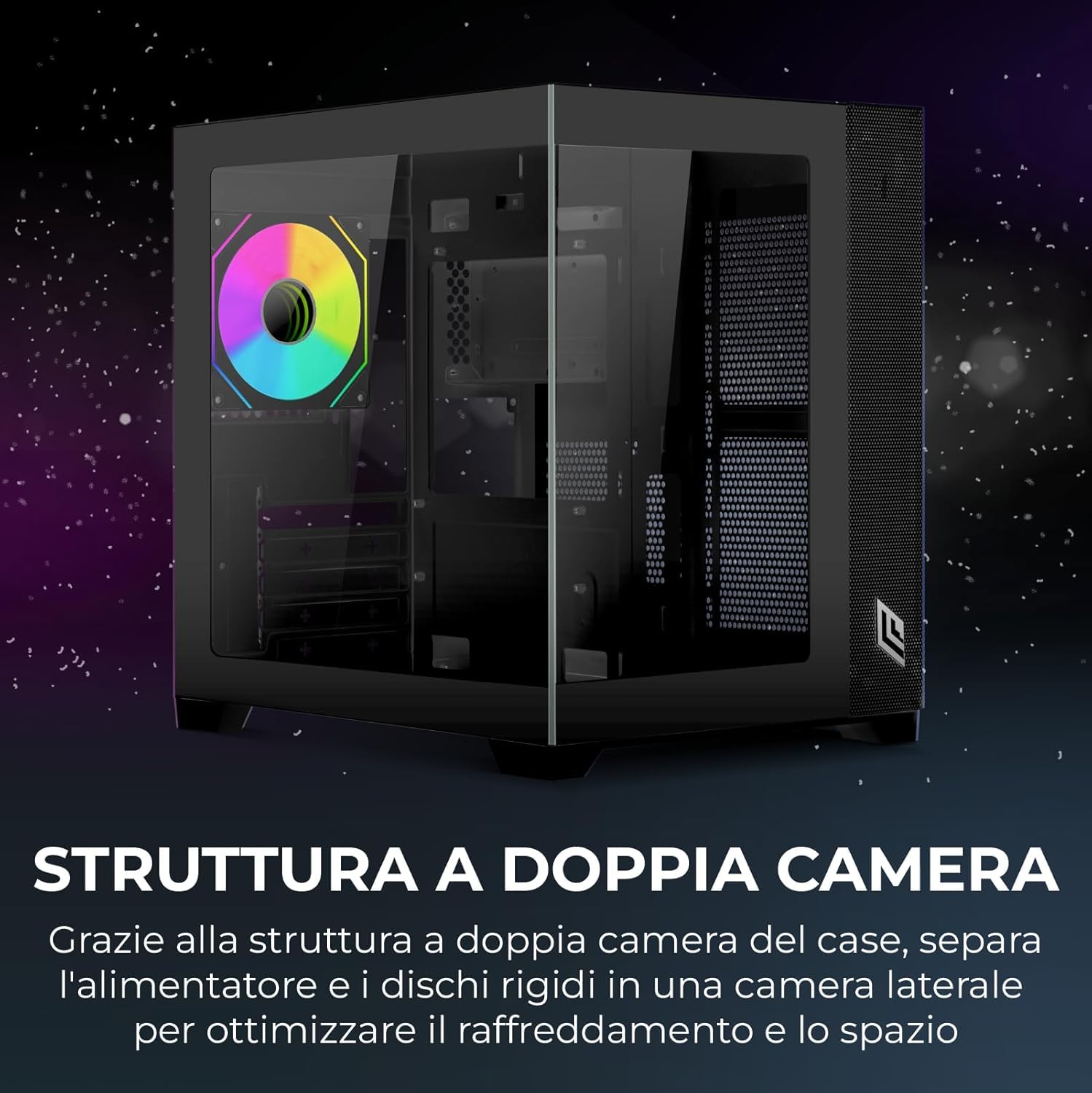 Noua Vision ZK100 Case PC Micro ATX Mini Tower Gaming | Pannelli Vetro Temperato Frontale e Laterale | Ventola ARGB Preinstallata | Struttura Dual Chamber | USB 3.0 | Filtro Anti-Polvere | Nero
