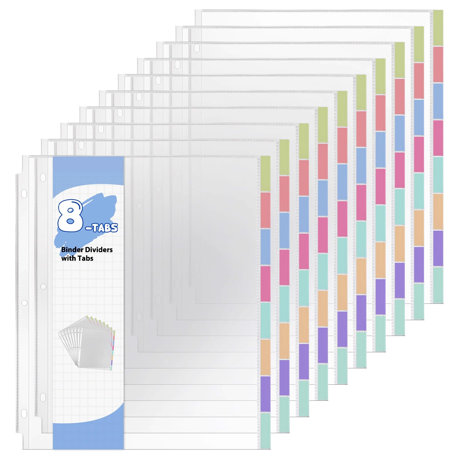 Prudiut Transparente Schutzfolien für 3-Ringordner, 21,6 x 27,9 cm, Kunststoff-Binderhüllen mit 8 Registerkarten und farbigen Index-Etiketten, wasserdichte Seitenschutzfolien für Büro, Schule, 80