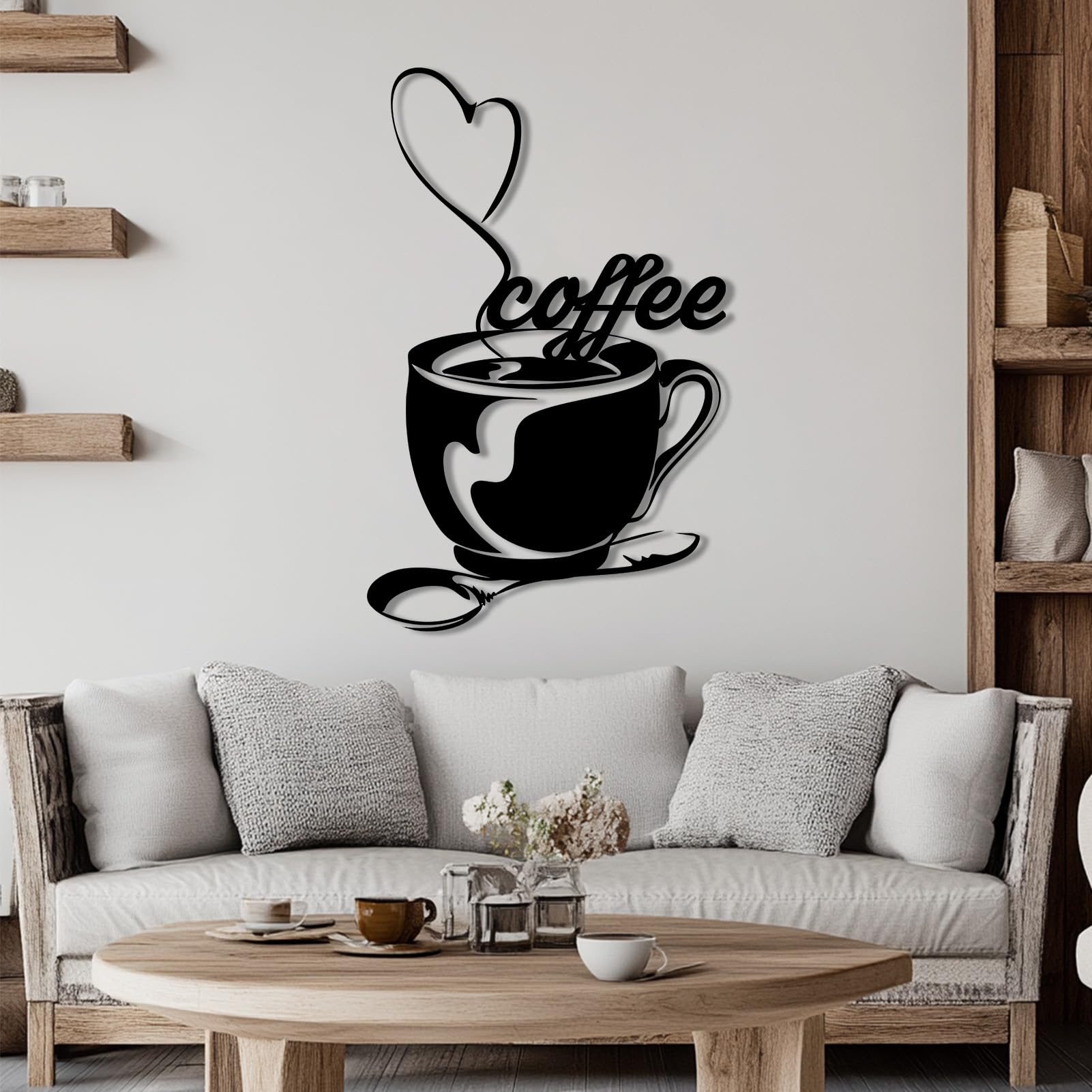 Schwarze Kaffeetasse aus Metall als Wanddekoration, Herzförmiger Löffel aus Metall als Wanddeko für Cafés, Moderne Kaffeeskulptur für Wohnzimmer, Schlafzimmer, Flur, Heimdekoration (Gold 30"