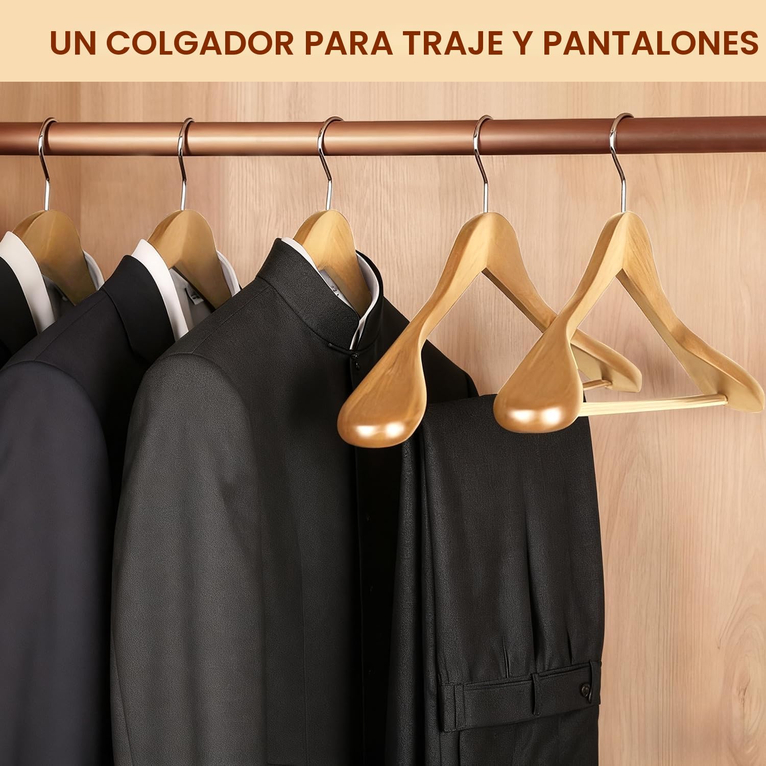 ManGotree Perchas de Madera para Trajes, Perchas de Hombro Ancho con Barra Antideslizante para Colgar, Perchas de Madera Maciza Lisa, Paquete de 6 (Natural)