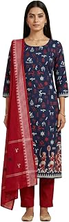 ODISHAHANDLOOM Pure Cotton Premium Ikat Handloom Sambalpuri Kurta, Pant and Dupatta Set, Navy Blue and Red, 3-Piece Price In India