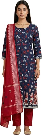 ODISHAHANDLOOM Pure Cotton Premium Ikat Handloom Sambalpuri Kurta, Pant and Dupatta Set, Navy Blue and Red, 3-Piece