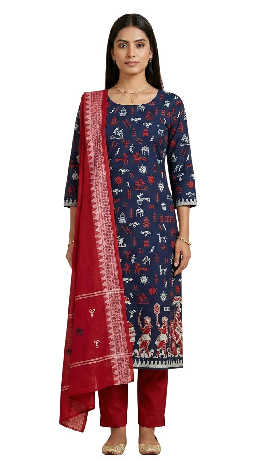 ODISHAHANDLOOM Pure Cotton Premium Ikat Handloom Sambalpuri Kurta, Pant and Dupatta Set, Navy Blue and Red, 3-Piece - Review, Price and Buying Guide