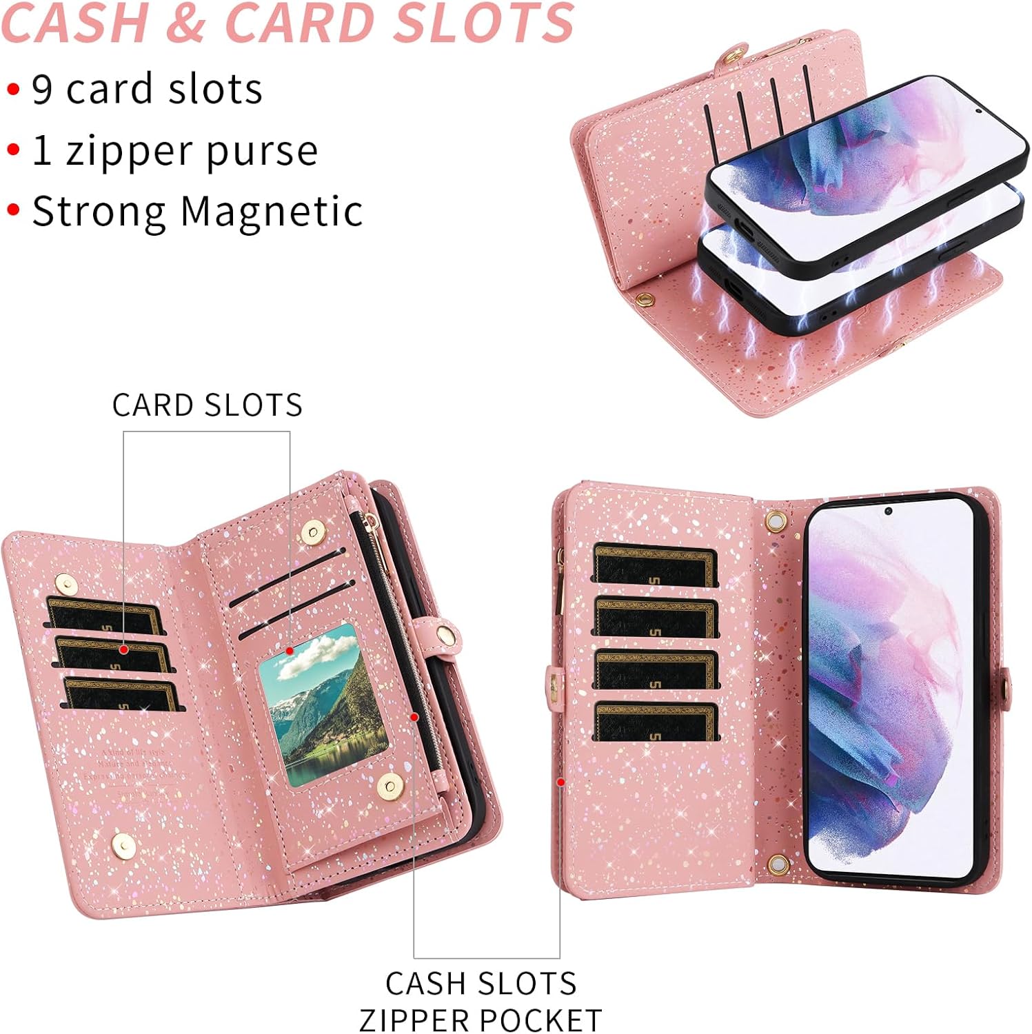 Asuwish Phone Case for Samsung Galaxy S21 Plus S21+ 5G Zipper Wallet Magnetic Detachable Cover with Screen Protector and Glitter Card Holder Stand Cell S21+5G S21plus 21S + S 21 21+ G5 Women Men Pink
