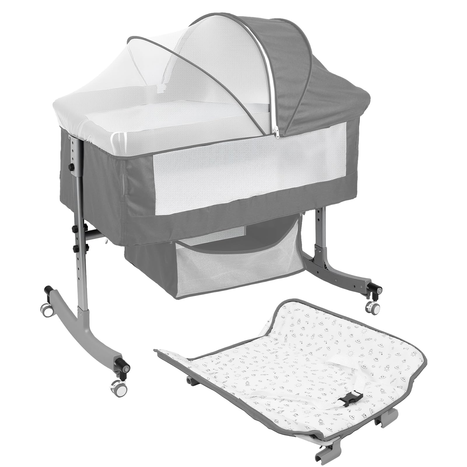 Rodiuiu 4 In 1 Baby Crib,Next to Me Crib with Changing Table,6 Levels Adjustable Bedside Bed for Baby with Wheels,Storage, Mosquito Net and Matress,Portable Cribs for Newborn Infant Grey