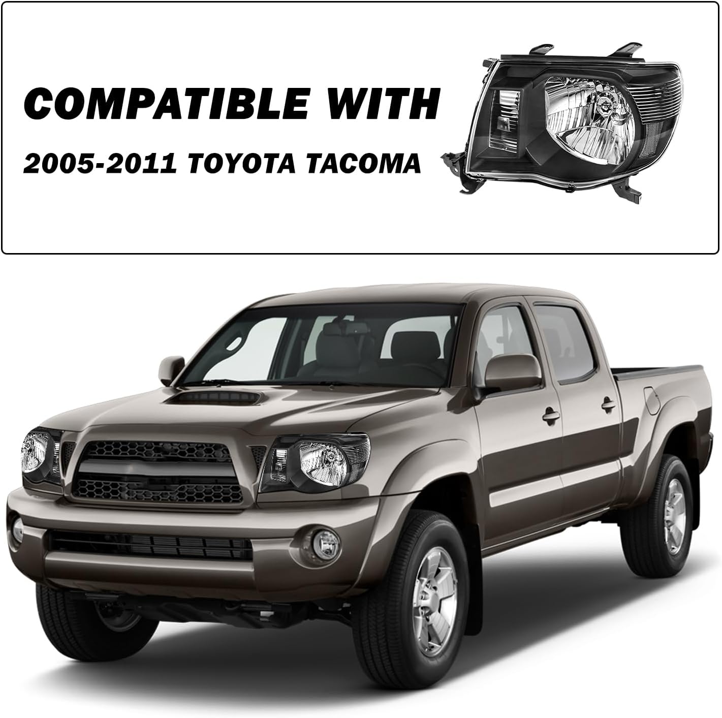 SOCKIR Headlight Assembly Compatible with 2005-2011 Toyota Tacoma Pickup Passenger & Driver Side (Black Housing with Clear Reflector)