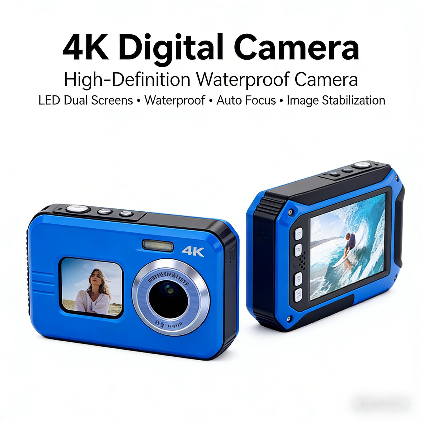 4K-Unterwasserkamera, 64-MP-Foto, 120 Minuten Betriebszeit, 128 GB Speicher, Vorder- und Rückbildschirm, ABS-Material, 16-Fach-Zoomkamera Zum Schnorcheln