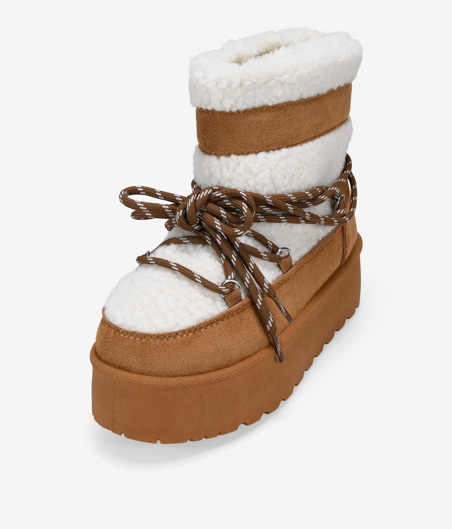 BOSANOVA Botas de Nieve para Mujer con Pelo de Borreguillo Beige y Suela de Plataforma Dentada de 4.5 cm. Cierre Mediante Cordones. No Son Impermeables. Calzado para Mujer