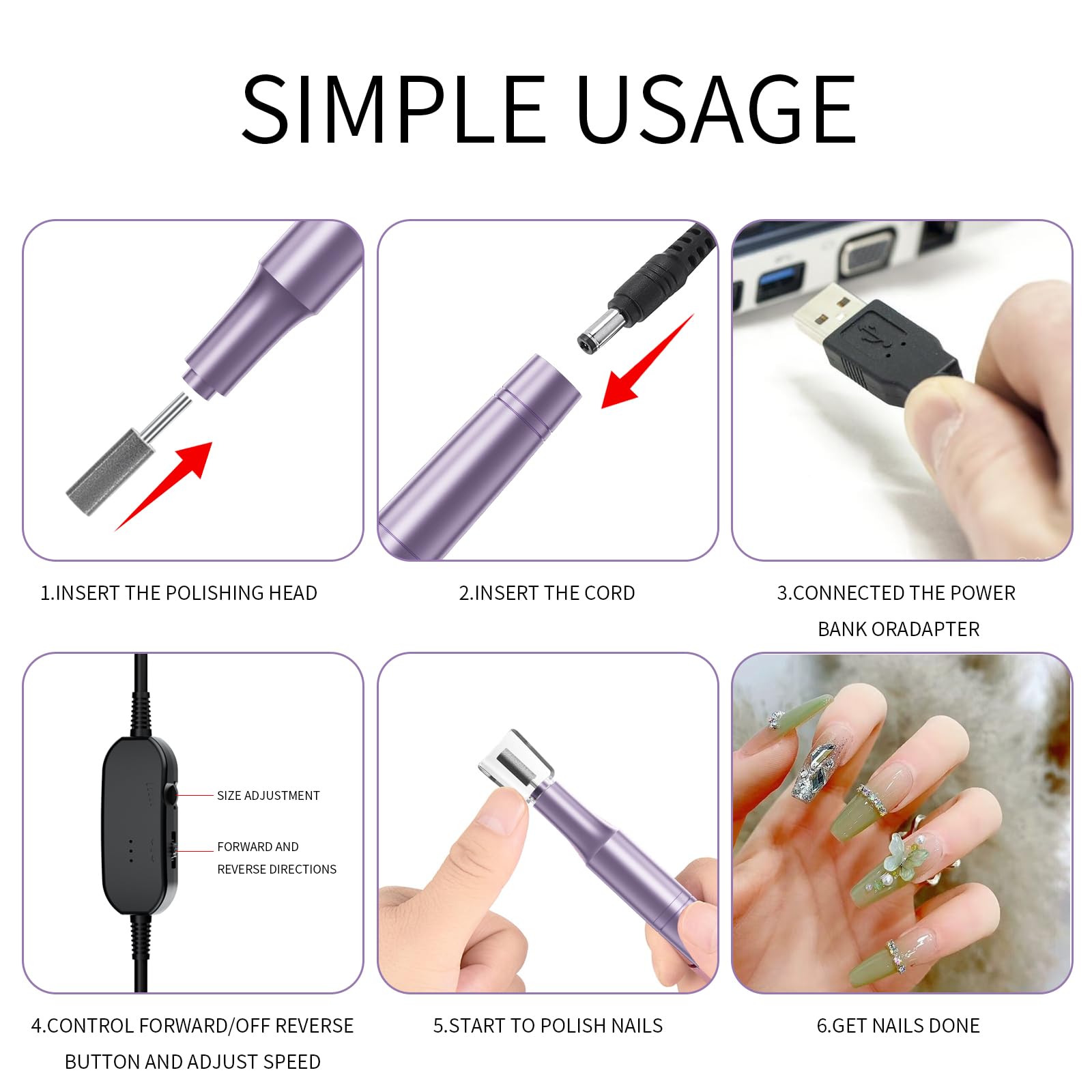 Elektrisches Nagelbohrer-Set für Acryl- und Gelnägel, professionelle schnurgebundene Nagelfeile mit Bits und Schleifbändern, tragbares Maniküre-Pediküre-Werkzeug zum Polieren, Formen, Peeling (lila)