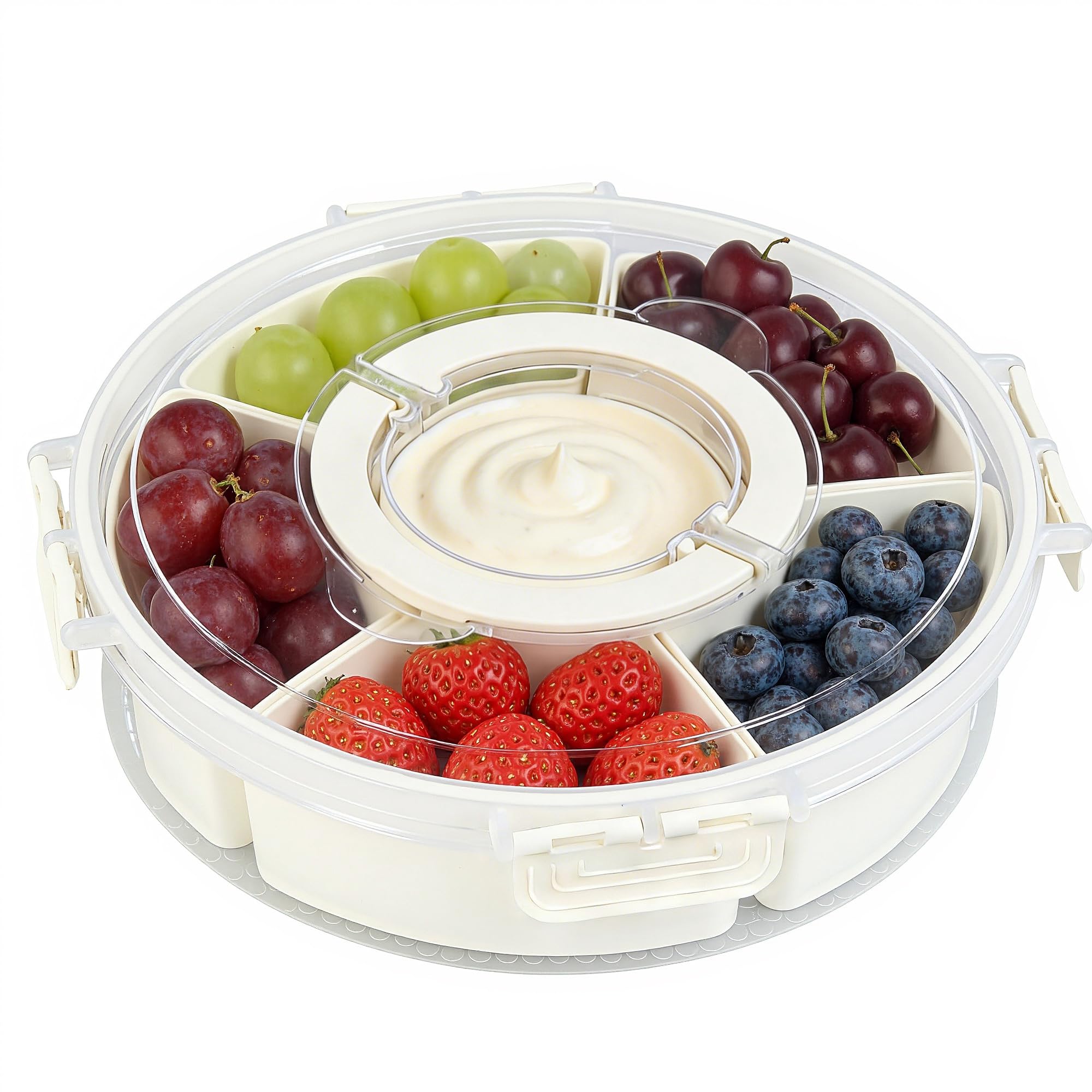 Photo 1 of 1 Pack Divided Serving Tray with Lid and Handle, Portable Round Snackle Box Container with 6 Compartments, Snack Bento Box for Party, Picnic, Travel, Beige
