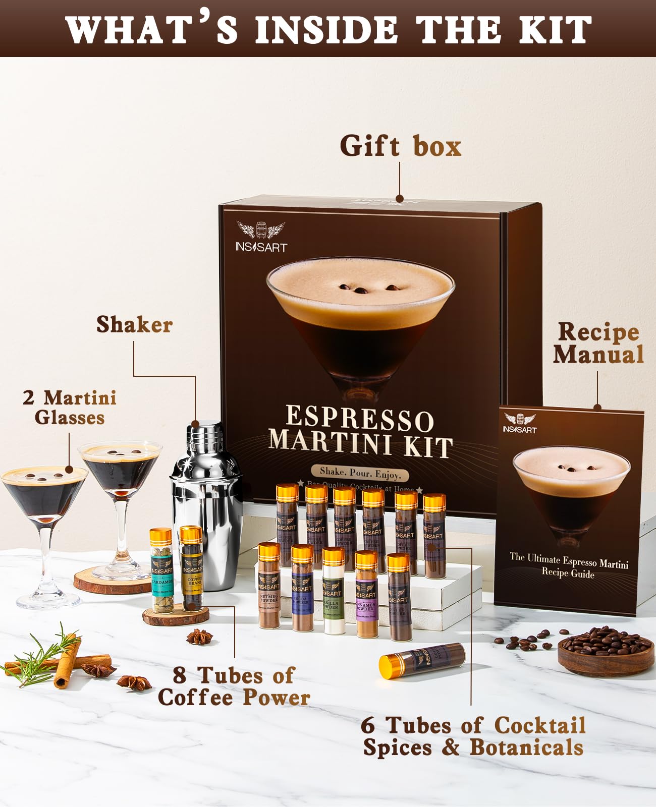 INSISART Espresso Martini Geschenkset - All-in-One Cocktail Maker mit Espresso Mix & Bar Tool, für Frauen, Kaffeeliebhaber, Cocktail-Enthusiasten