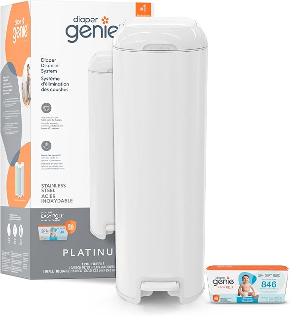 Poubelle à couches Diaper Genie Platinum, blanche - Fabriquée en acier inoxydable durable et comprend 1 recharge facile à rouler avec 18 sacs