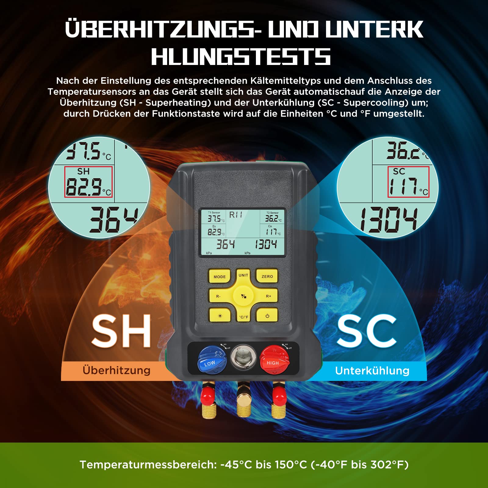 KAISAL Digitale Monteurhilfe Klimaanlage Kältemittel R410a R32 R22 R1234YF HVAC Manifold Messgeräte Druck- und Temperaturprüfung Auto AC