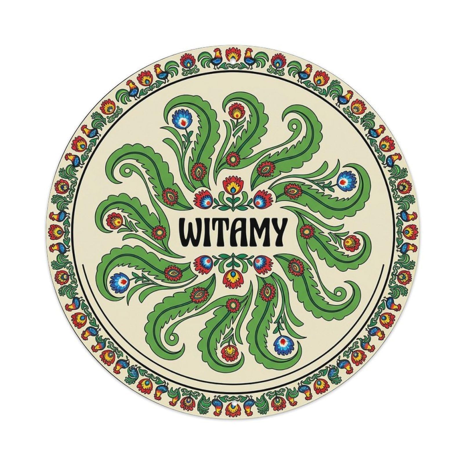 Vintage Polish Folk Art Witamy Welcome Bird Nest Fern Metal Tin Sign