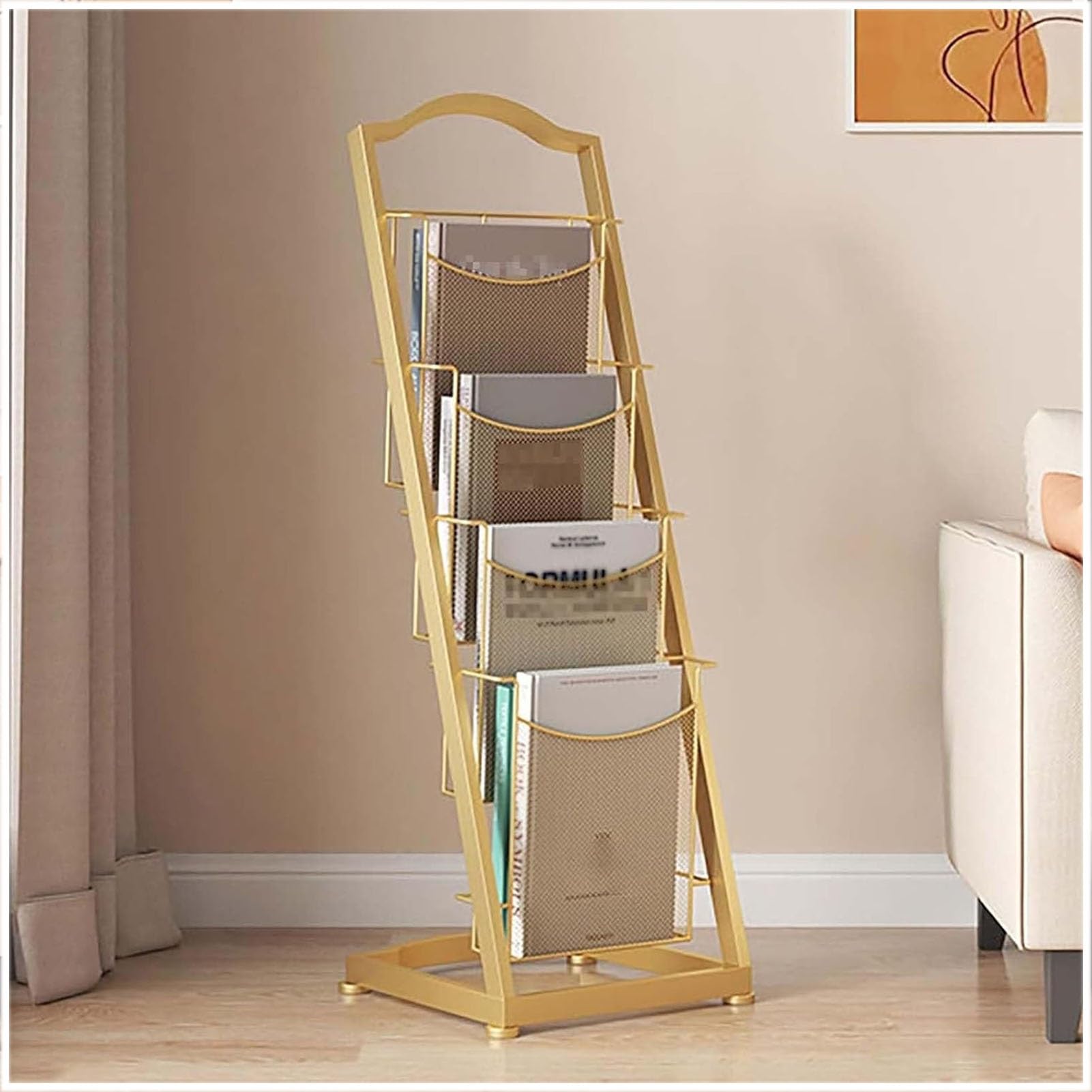 JOUFNING Floor-Standing Magazine Rack, Book Display Rack, Wire Countertop Bookshelf, Comic Book Holder, Literature Brochure Organizer Rack, for Classroom, Library, Coffee Shop(Gold,13x13x38.5in)