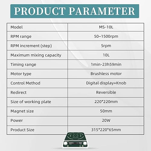 Miniatura 7 de Mezclador agitador magnético de 10L, gran capacidad, 8.7 x 8.7 pulgadas, ajuste de sincronización digital y velocidad 50-1500PRM, barra de agitación