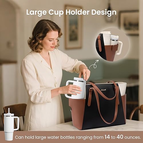 Miniatura 3 de LOVEVOOK Bolso para laptop con gran portavasos para mujer, bolso tote de cuero para trabajo para mujeres, maletín profesional para computadora de