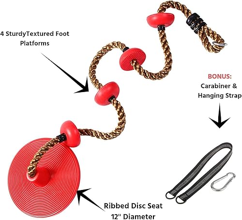 Miniatura 9 de Cuerda de escalada con plataformas para niños, juego de asiento de columpio de árbol de disco que incluye correa para colgar y mosquetón, juego de