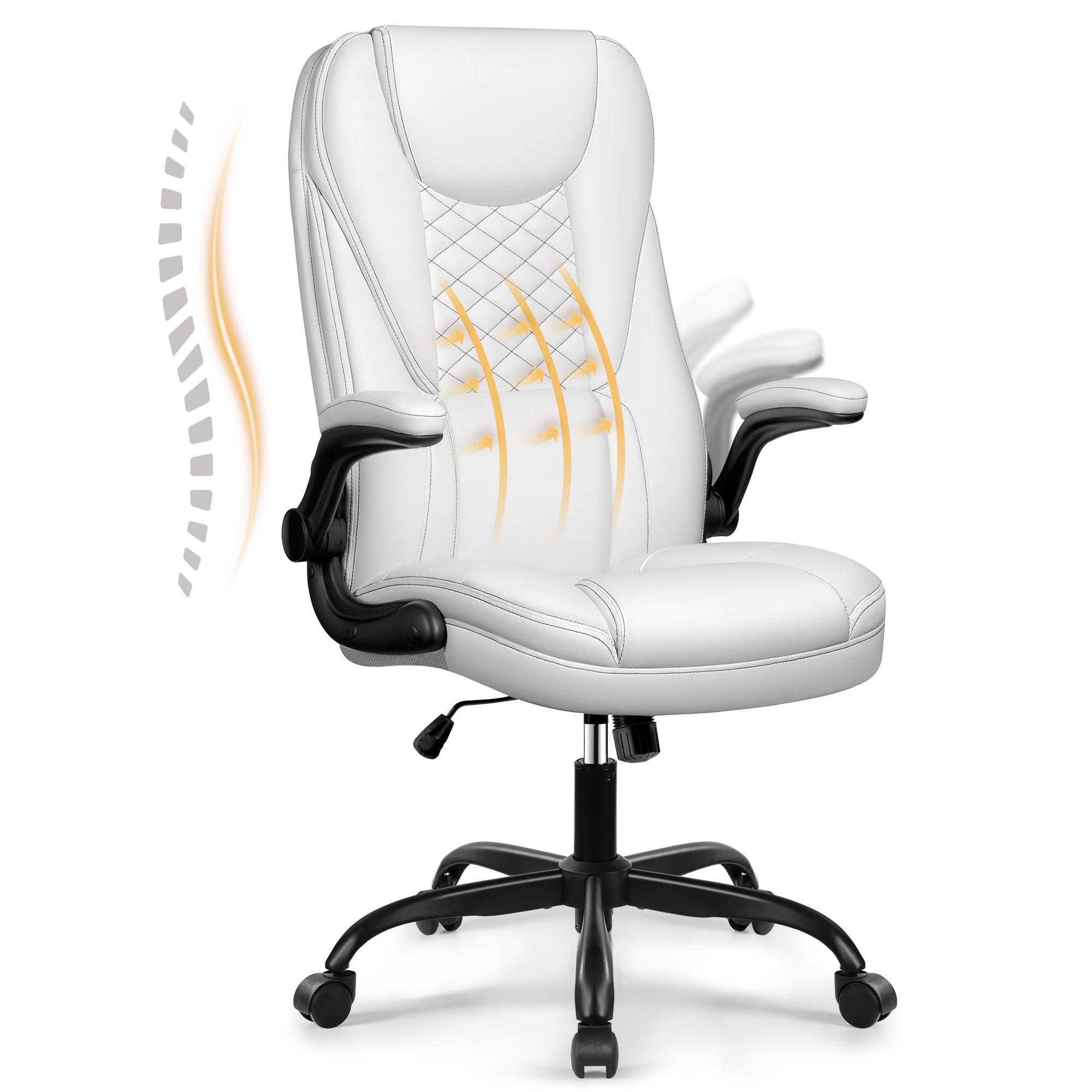 Bürostuhl ergonomischer Chefsessel Schreibtischstuhl Wippfunktion höhenverstellbarer Drehstuhl mit Kopfstütze Armlehnen 150KG, Weiß