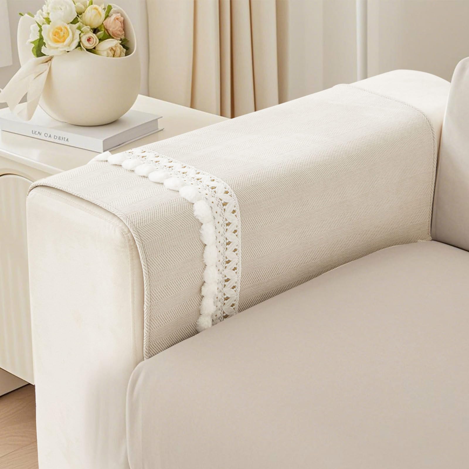 VClife Backrest Cover Armrest Cover Anti Slip Couch Covers, Beige Herringbone Armrest Covers for Sofa Chair Recliner, Washable Chenille Sofa Protector, 27.6x27.6 inch (Only 1 Piece) 27.6