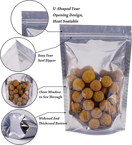 Miniatura 2 de Paquete de 100 bolsas de Mylar para almacenamiento de alimentos, papel de aluminio resellable, bolsa transparente de pie con ventana frontal de 5.91