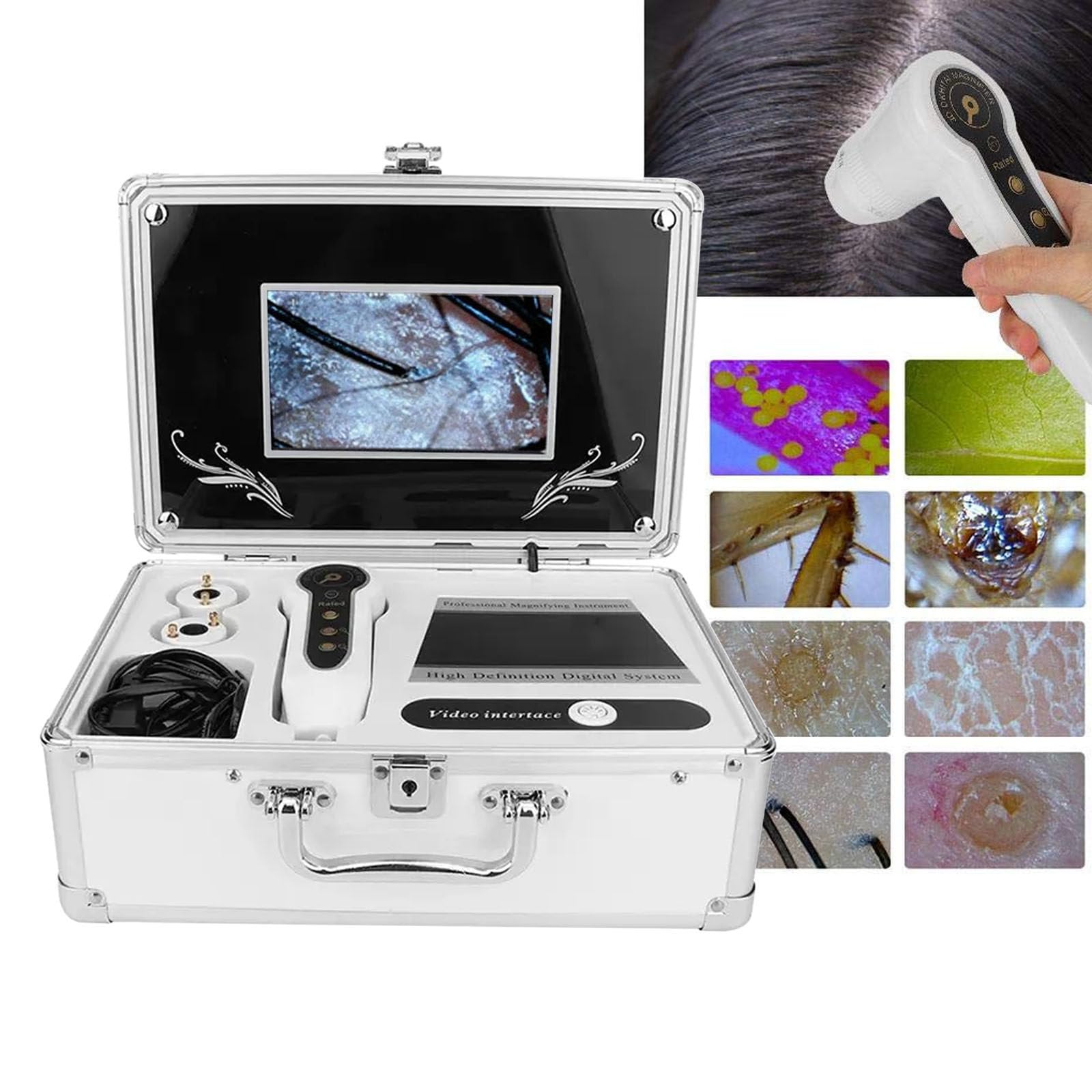 Analizador Capilar, Microscopio Digital Lcd De 7 Pulgadas Con Lente 50X/200X - EscáNer PortáTil Para Detector De Cuero Cabelludo- Detector Profesional De Aumento De Humedad Y Aceite De FolíCulos