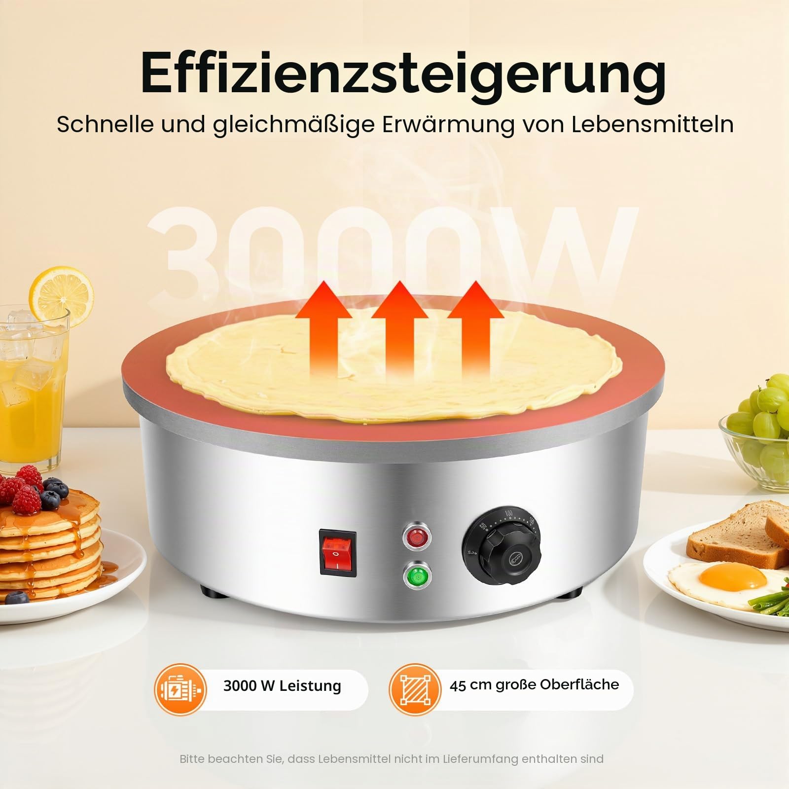 Crepes maker Große Backfläche mit 45cm Ø, 220V 3000 W Gewerbe Profi Crêpes Maker Machine Pfannkuchen Maker Antihaftbeschichtete Platte 50-300℃ Temperature für Crepes, Pancakes & Tortilla