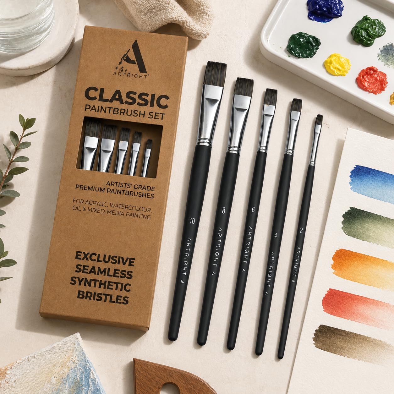 Artright Flat Blender Paintbrush Combo Set of 5pcs, Premium Artist Brushes for Acrylic, Watercolor Painting, Ideal for Marking, Blending, Shading, Useful for Beginner & Professional, Synthetic Bristle 2