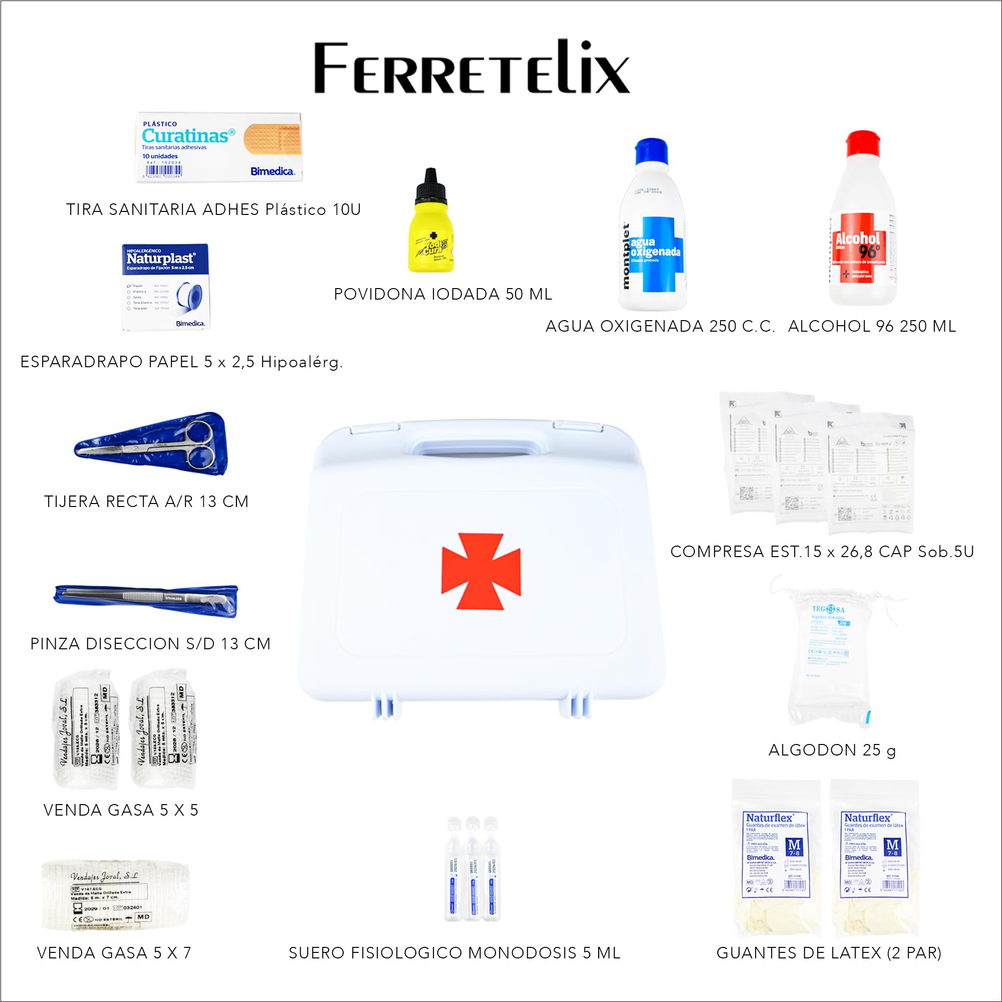 Ferretelix® Botiquin maletin 26 cm x 23 cm x 7 cm primeros auxilios con dotación portatil Fabricado en España
