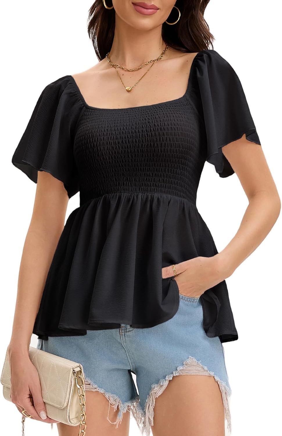 Women's Summer Peplum Tops Square Neck Ruffle Trim Short Sleeve Blouse Top Dressy Casual Shirts - Image 3