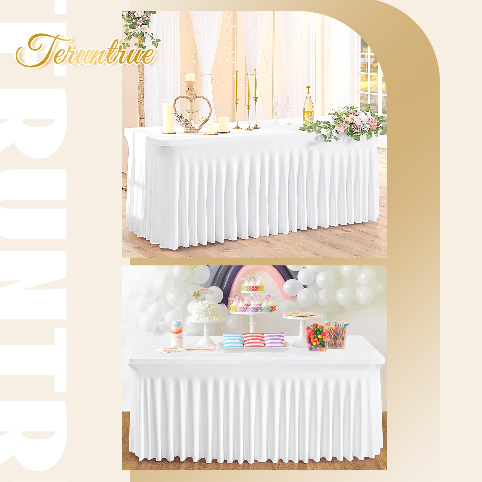 Teruntrue Spandex Tabelle Rock 8ft Stretch Tischabdeckung mit Rock, waschbar Tabelle Rock für 8ft Rectangle Tabelle für Hochzeit Geburtstag Party Ausstellungen Cocktail Bar (weiß)