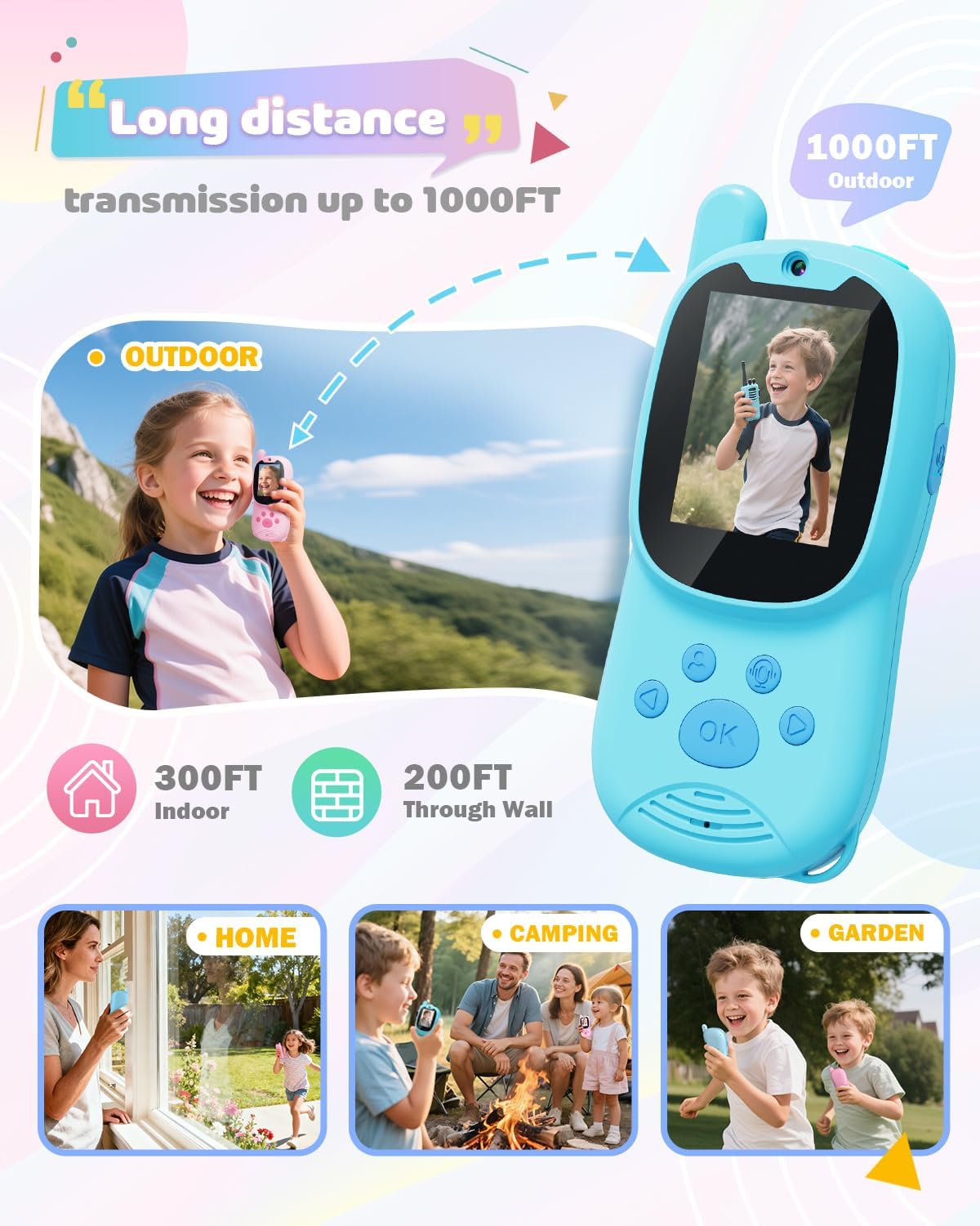 Video walkie talkies for kids,2 Pack Rechargeable Kids Walkie Talkies can send message,Christmas Birthday Gifts for kid Age 3-12,Portable Toddler Toy for 4 5 6 7 8 9 Year Old Girl Boy Pink/Blue - Image 5