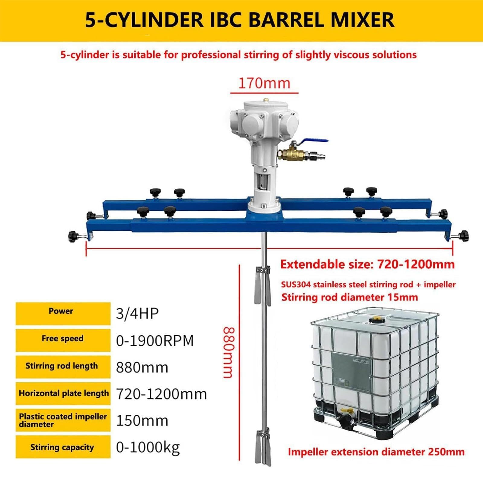 Specjalny pneumatyczny mieszalnik farb IBC 3/4HP, pręt mieszający ze stali nierdzewnej 880 mm, regulowana długość 720-1200 mm, wydajność mieszania 0-1000 kg do mieszania lekko lepkich roztworów
