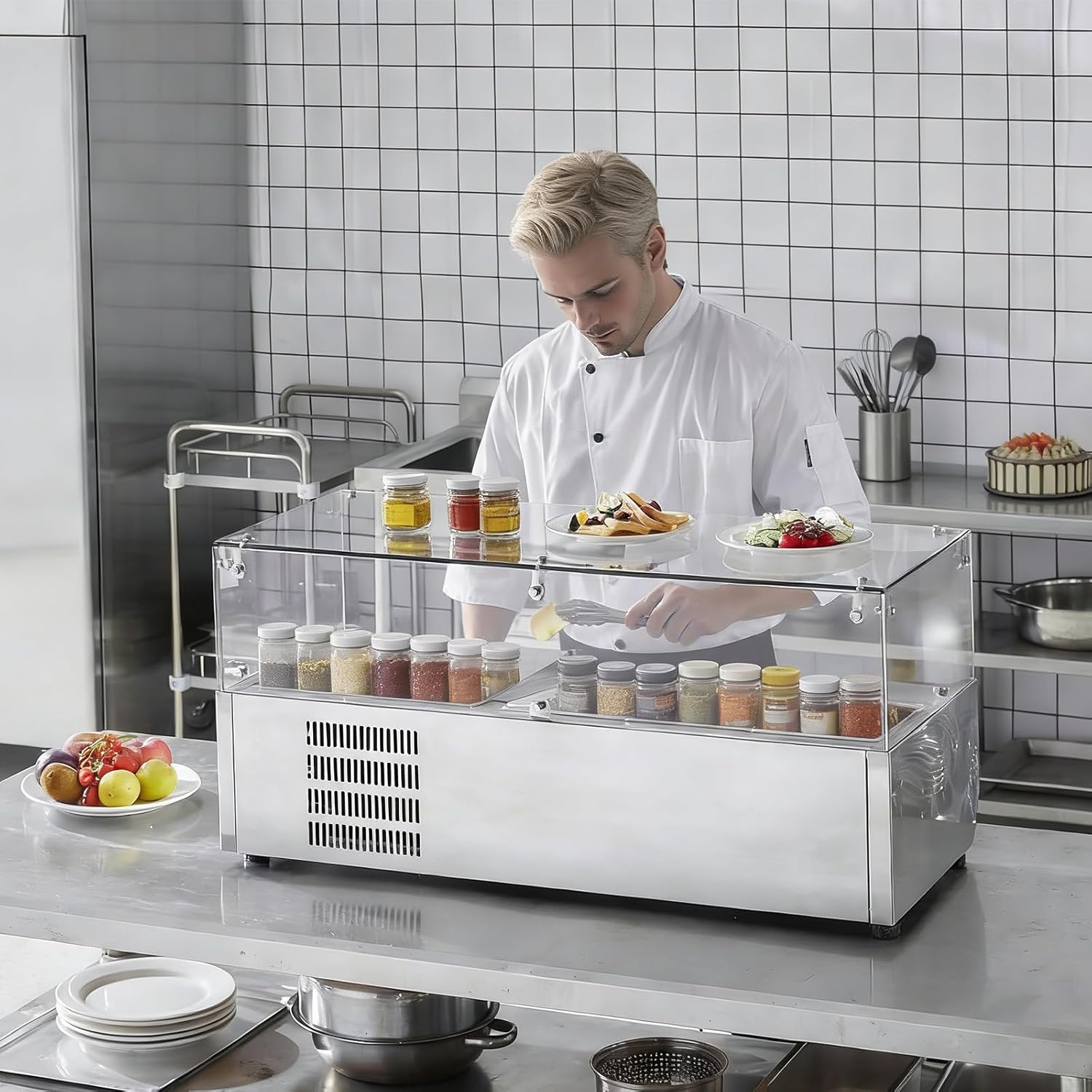 Refrigerated Condiment Prep Station – 130W Countertop Commercial Condiment Cooler with 1/3 & 1/6 Pans, 304 Stainless Steel Body, PC Lids, Glass Guard – ETL Certified – Silver