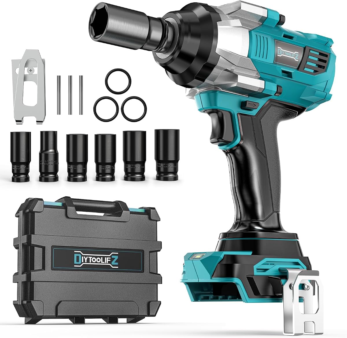 DIYtoolifz Llave de impacto inalámbrica de 1/2 pulgada para batería Makita de 18 V, pistola de impacto eléctrica sin escobillas de 900 pies-LBS (1200 N.m), controlador de impacto de potencia de alto par con 6 enchufes y estuche de almacenamiento (solo herramienta)