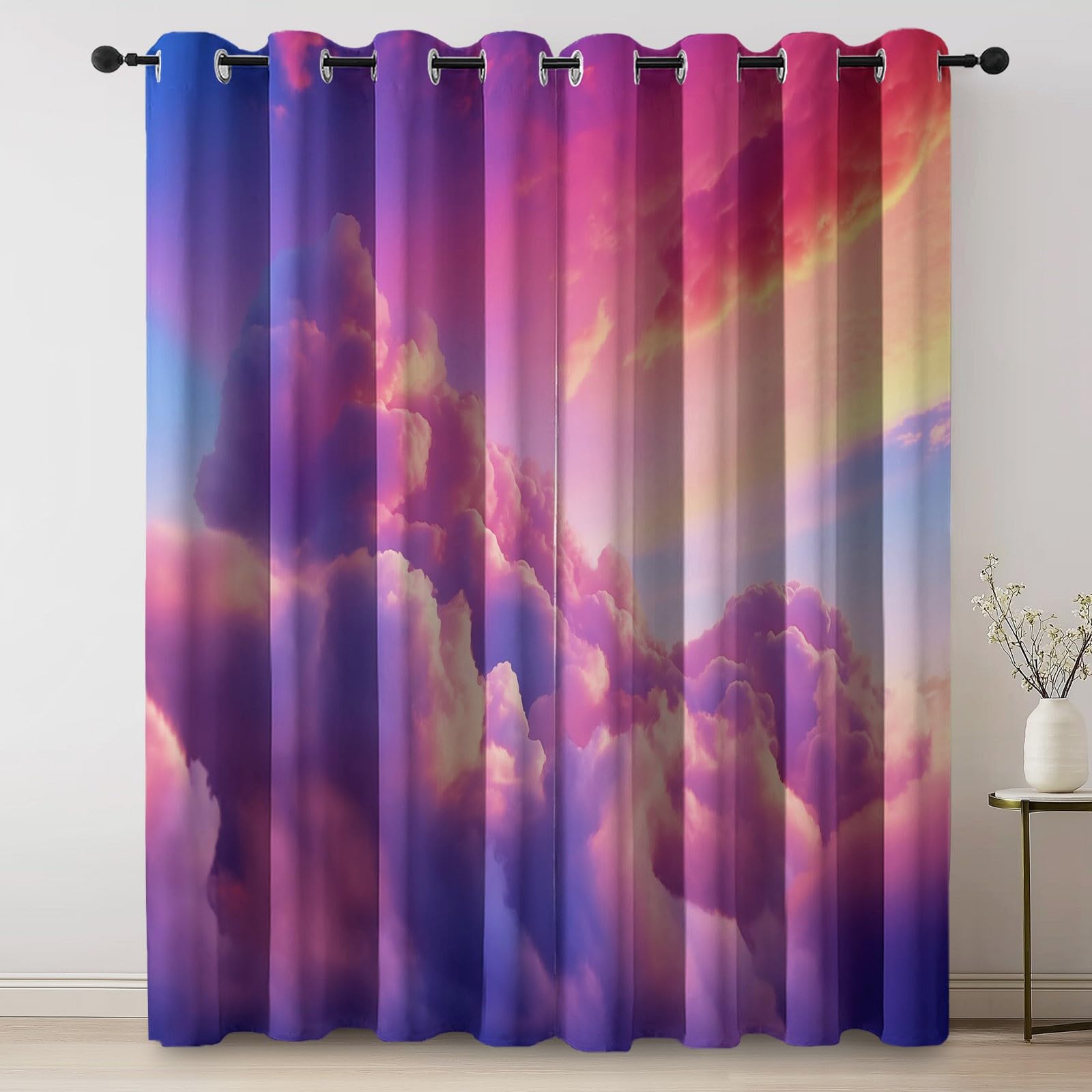 Rideaux Longs 140L X 260H cm (2 Panneaux), Nuages De Rêve Imprimé, Tissu Occultant Épais pour Grand Salon et Loft, Rose Violet