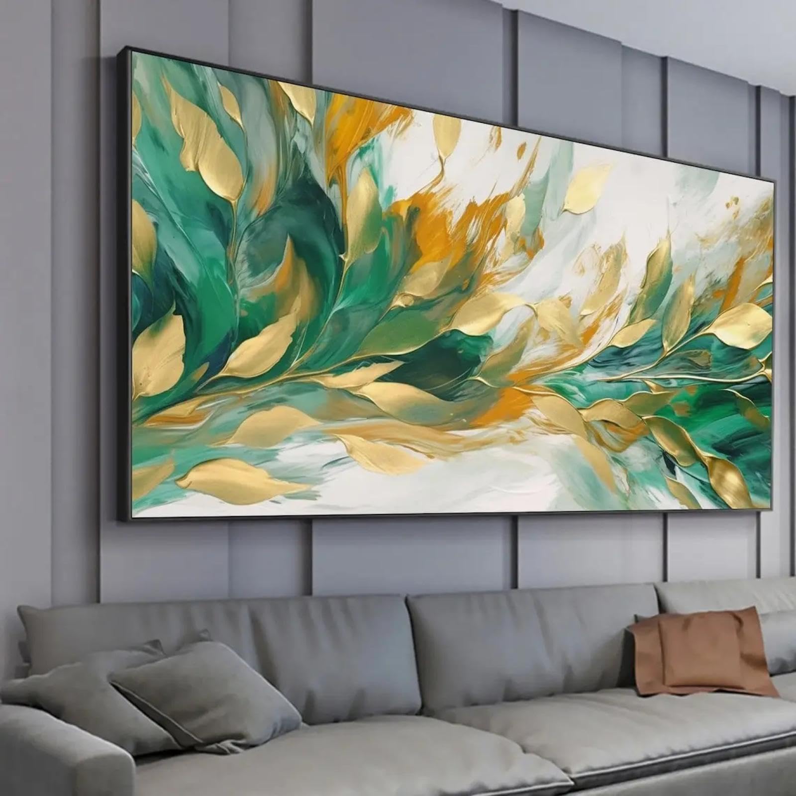 Cuadro abstracto de hojas modernas grandes sobre lienzo, decoración artística dorada, planta verde, pintado a mano, arte de pared para sala de estar, 70 x 140 cm (28 x 55 pulgadas), con marco dorado.