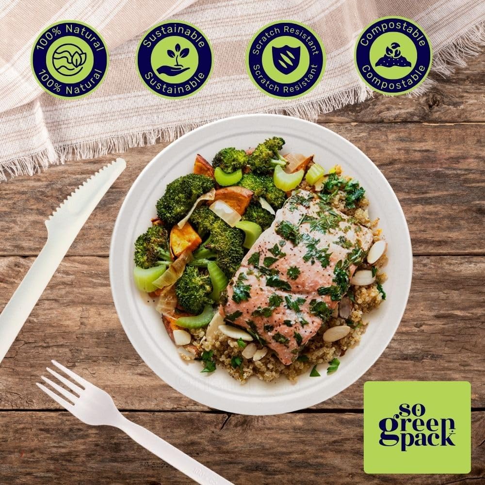 SoGreenPack 50 Packs Eco-Friendly Bagasse Disposable Kinfe 6.5-Inch Biodegradable Cutlery Compostable Heavy-Duty Ideal Sugarcane Utensils, Parties, Events