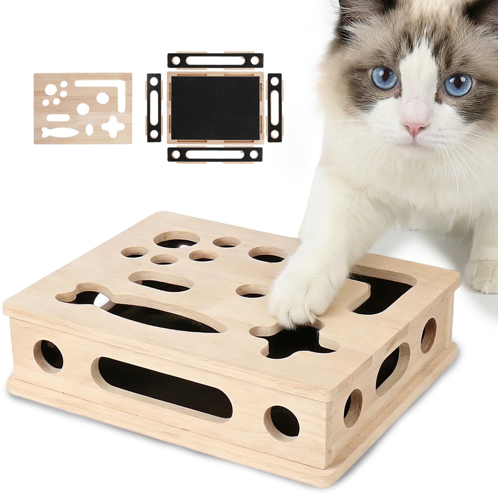 Caja de enriquecimiento de rompecabezas para rascar gatos, caja de enriquecimiento de lima de uñas de gato de madera maciza lisa con papel de lija integrado, caja de lima de uñas para gatos