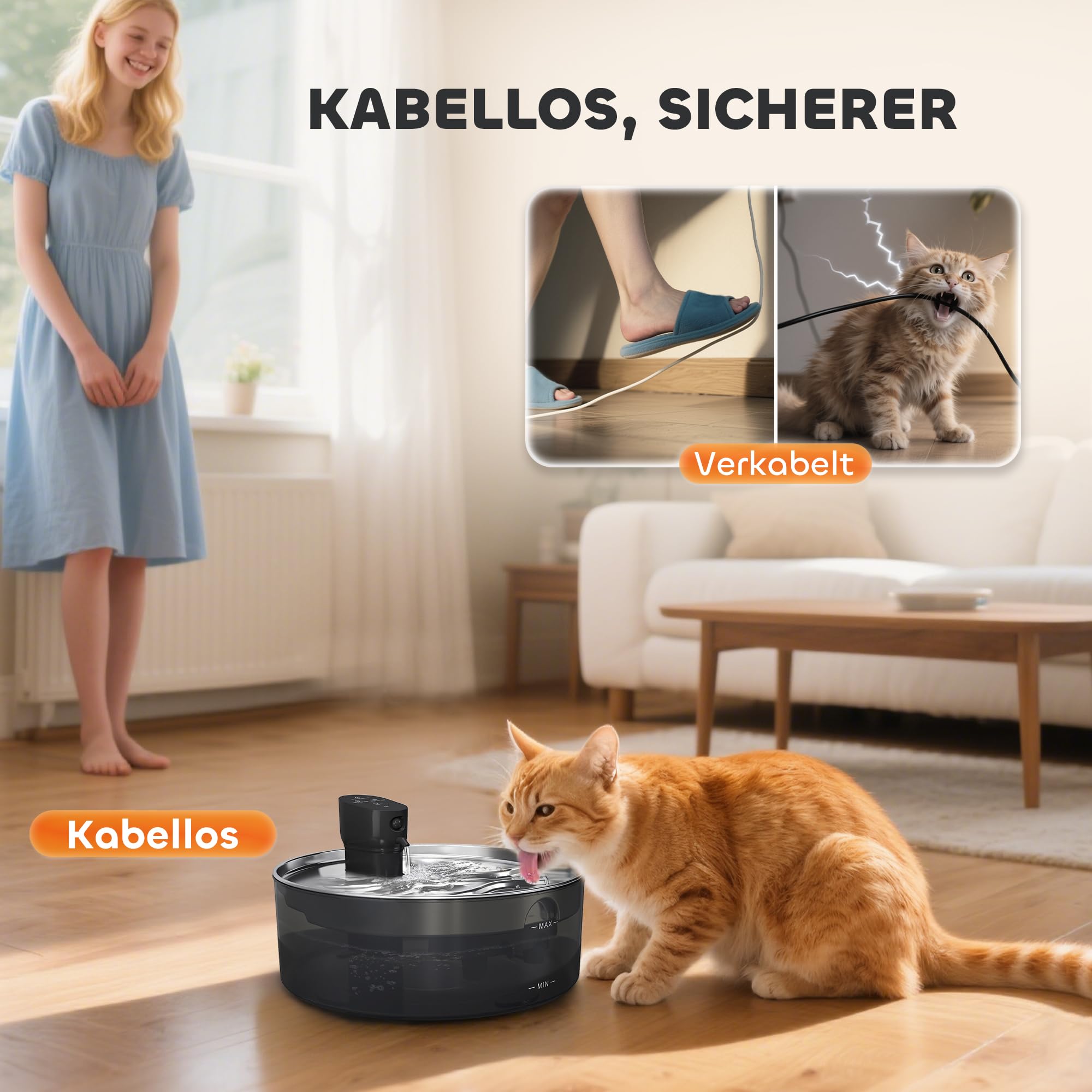PawHut Fontanella per gatti 7L acciaio inox LED Nero | Pompa silenziosa, finestra livello acqua, filtro carbone attivo, sensore movimento, sistema filtrazione, a batteria cani