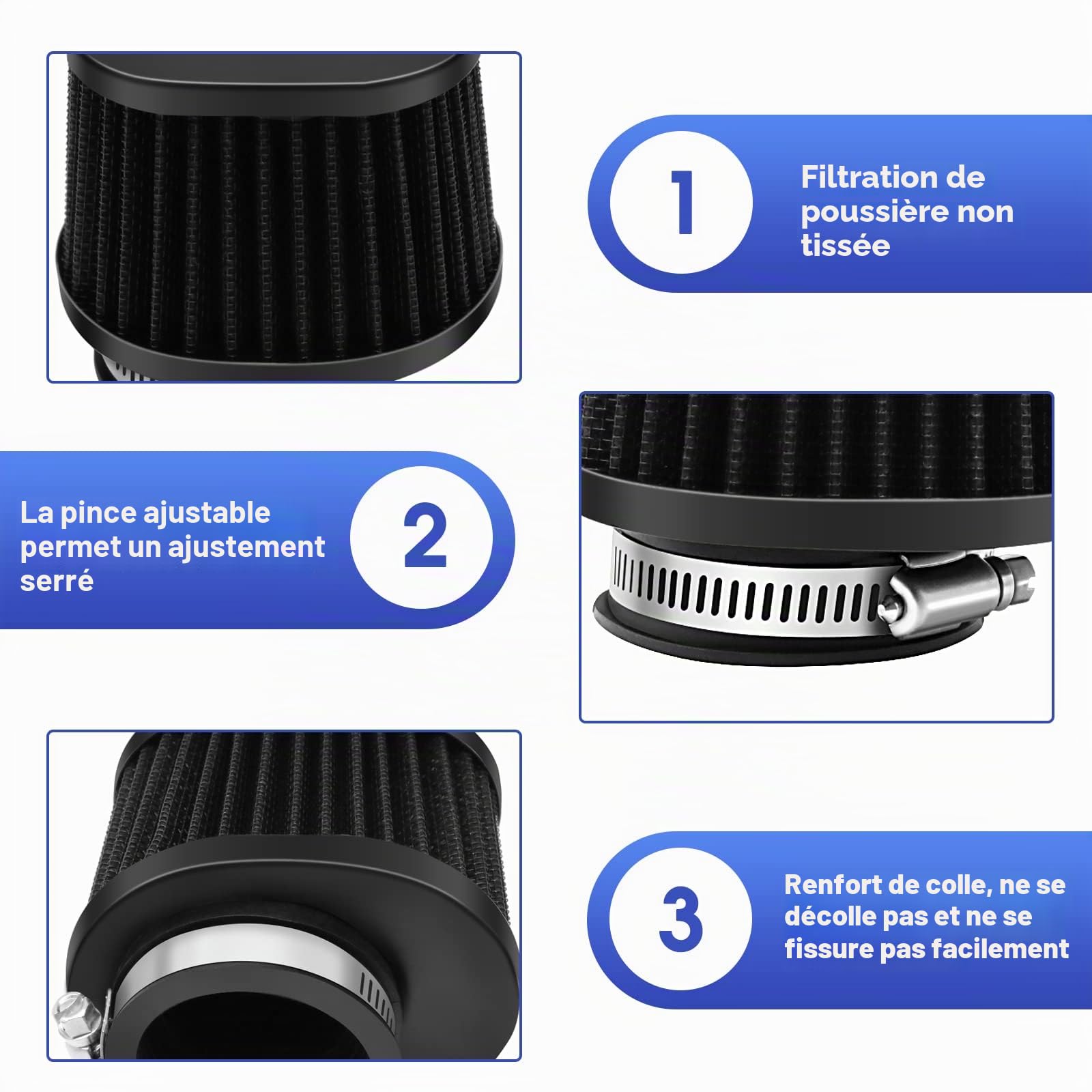 Lot de 2 filtres à air universels de 50 mm pour moto tout-terrain, haute performance, pour motocross, scooter, cyclomoteur, Yamaha, Honda, Suzuki, Kawasaki, ATV (noir)